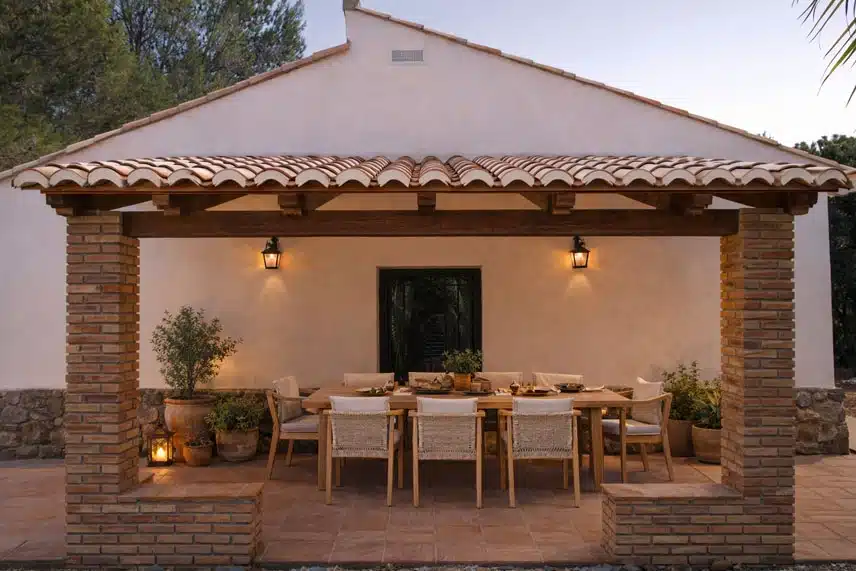 Decoración de exteriores. Porche con comedor de verano.