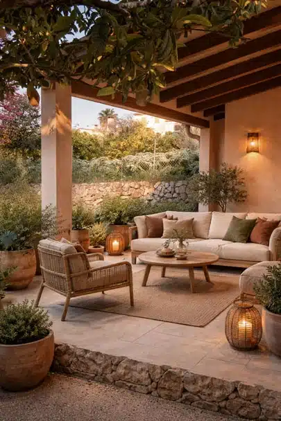 Decoración de exteriores. Salón en porche con vigas de hormigón imitación madera.